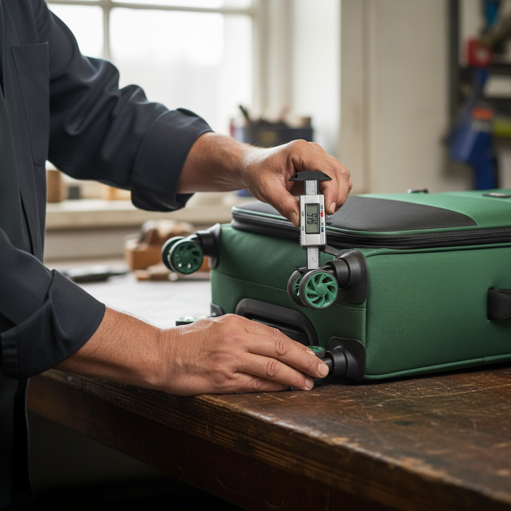 Hands at QC workbench measuring wheel clearance
